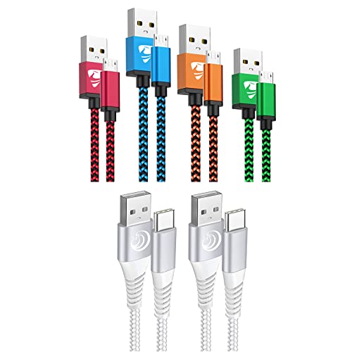 Aioneus 2pack USB-A TO TYPE C TYPE CHARGER & USB-A ל- Micro USB כבל 4-Pack [2ft/3ft/5ft/6ft]